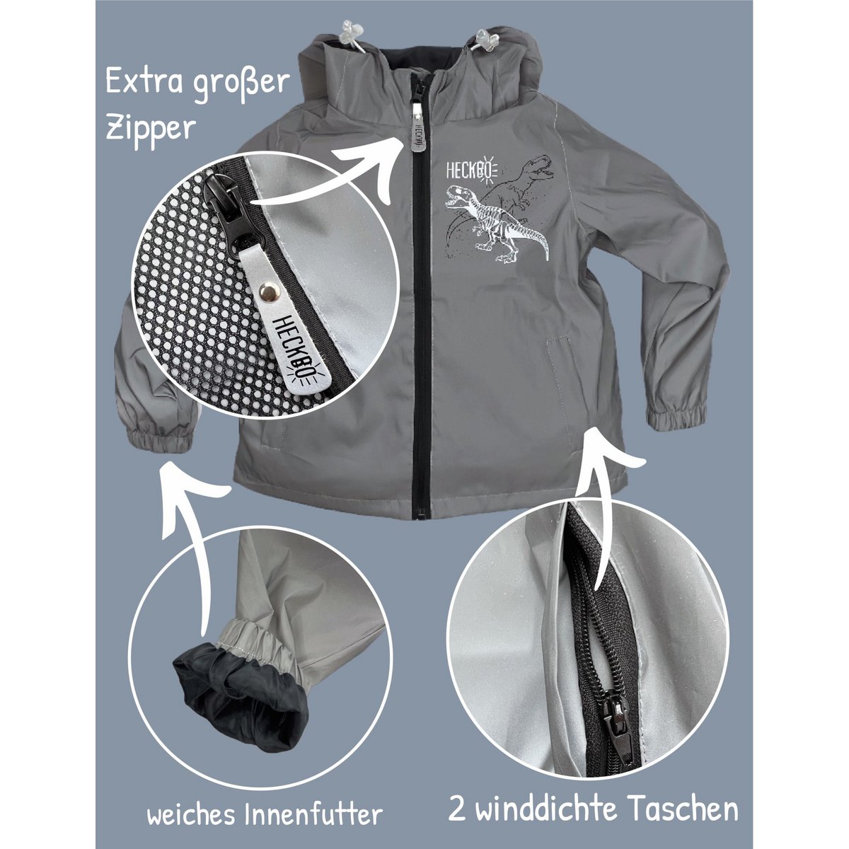 Reflektor-Regenjacke Dino für Kinder (3–6 Jahre)
