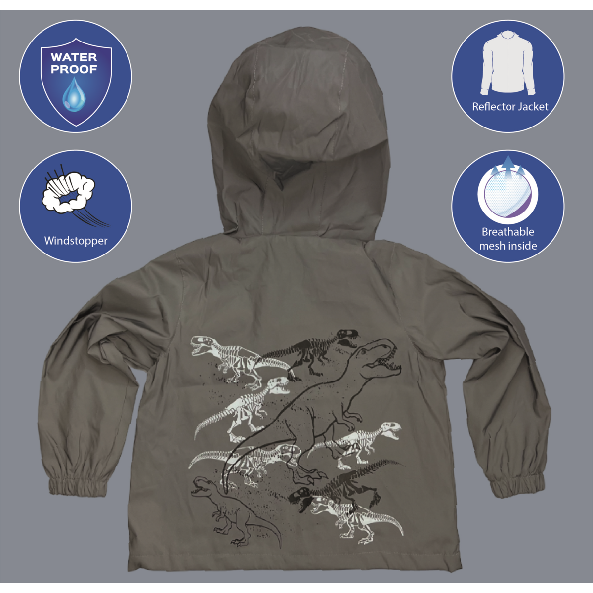Reflektor-Regenjacke Dino für Kinder (3–6 Jahre)